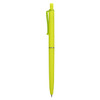 A bright yellow plastic pen with a smooth finish and a clip on the side, featuring a logo.