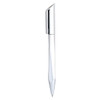 A sleek silver plastic pen with a unique angled design and a logo on its surface.