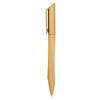 A gold plastic pen with a sleek design and a clip for easy attachment.