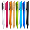 A collection of eight twist plastic pens in pink, orange, gold, blue, black, and silver. Each pen has a logo.