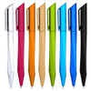A collection of eight plastic pens in various colours including pink, orange, gold, green, blue, and black, featuring a logo.