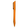 An orange plastic pen with a sleek design and a clip on the side. It has a branded logo.