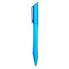 A blue plastic pen with a sleek, modern design and a metal clip. The pen features a pointed tip for writing.