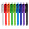A collection of plastic pens in white, red, orange, green, blue, purple, and black, each with a clip and branding.
