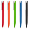 A collection of five metal pens in red, orange, green, blue, and black, each with a silver clip.