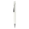A white plastic pen with a silver clip and a polished tip, featuring a sleek and simple design.