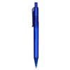 A blue plastic pen with a translucent body and clip, featuring a black writing tip and a branding logo.
