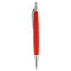 A red pen with a silver clip and tip, featuring a smooth, sleek design. It has a branding logo.