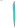 A light blue pen with a smooth grip and a silver clip, featuring a branding logo.