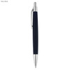 A navy blue pen with a silver clip and tip, featuring a sleek design and branding on the barrel.