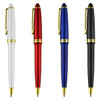 Four plastic pens in white, red, blue, and black, each featuring gold accents and a clip.