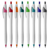 A collection of white plastic pens in various colours, including pink, red, orange, green, blue, and black, with logos.