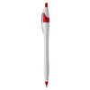 A plastic pen featuring a white body with red accents and a clip. It has a smooth tip for writing.