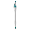 A plastic pen in white and teal, featuring a smooth design and a clip. It has a branding logo on the barrel.