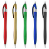A collection of five metallic plastic pens in red, gold, green, blue, and black, each featuring a silver clip and accents.