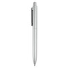 A silver plastic pen with a sleek design and a clip for easy attachment, featuring a branded logo.