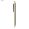 A plastic pen in light grey, featuring a textured grip and a clip, with branding on the barrel.