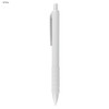 A white plastic pen with a textured grip and a clip attached. The pen has a sleek, modern design.