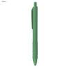 A green plastic pen with a textured grip and a clip for easy attachment. It features a branding logo.