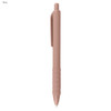 A pink plastic pen with a textured grip and a clip. The design is simple and sleek, featuring a logo.