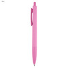 A pink plastic pen with a smooth finish and a clip at the side. It features a branding logo.