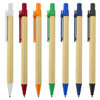 A set of eight recycled cardboard pens in white, red, orange, green, blue, and black. Each has a matching clip.