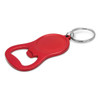 A drink bottle opener key ring in red with a circular attachment for easy carrying. Features a metal key ring.