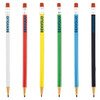 A set of round mechanical pencils in white, red, yellow, green, blue, and black, featuring a logo.