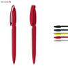 A plastic pen in red with a clip, alongside caps in blue, black, and yellow. The product has a logo.