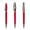 A red plastic pen with silver accents and a sleek design, featuring three different angles.
