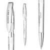 A sleek, transparent plastic pen in white with silver accents and a logo on the barrel.