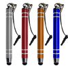A collection of four metal stylus pens in silver, red, orange, and blue, each with a black rubber tip and a lanyard.