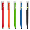 A set of five stylus pens in red, orange, green, blue, and black, each featuring a logo.