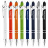 A collection of stylus pens in white, red, orange, green, blue, silver, and black, each featuring a logo.