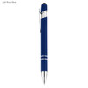 A light royal blue stylus pen with a metallic clip and chrome accents. It features a sleek design and a logo.