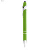 A green stylus pen with a silver clip and accents, featuring a smooth, modern design and a branding logo.