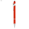 A red stylus pen with a sleek chrome accent and clip, featuring a smooth writing tip.