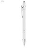 A white stylus pen featuring chrome accents and a clip, with a smooth design and a branding logo.
