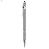 A silver stylus pen with a sleek design and a clip. It features a glossy tip and metallic accents.