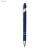 A dark blue stylus pen with a sleek design and a silver clip, featuring a rubberised tip for touchscreen use.