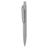 A plastic pen with a textured grey body and a clip. It features a logo on the side.