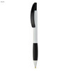 A plastic pen in white with black grip and clip, featuring a logo on the barrel.