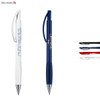 A collection of plastic pens in white and blue, displayed alongside red, blue, and black clips, featuring logos.