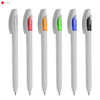 A set of six plastic pens in white with coloured grips: red, orange, green, blue, and black. Each pen features a logo.