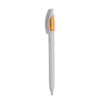 A plastic pen in white with an orange accent and a clip. It features a logo on the body.