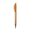 An orange metal pen with a shiny chrome clip and tip, featuring a logo on its body.