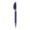 A metal pen in a deep blue colour with a shiny silver tip and clip, featuring a branding logo.