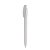 A plastic pen in white with a silver clip, featuring a simple and sleek design. It has a logo on the body.