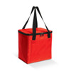 A red insulated cooler bag with black straps and a zippered top, featuring a side pocket and branding.