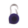 A purple carabiner tape measure with a silver hook. The casing is round and compact, showcasing its tool functionality.